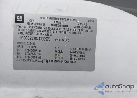 2007 Chevrolet Express Work Van z USA, uszkodzony, nr VIN 1GCGG25V871199975